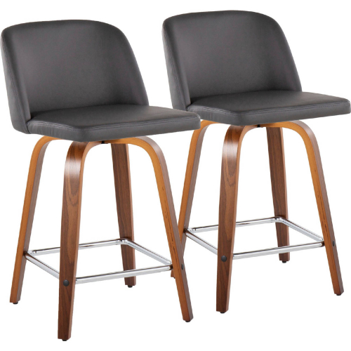 Toriano 24" Swivel Counter Stool in Walnut Wood & Grey Leatherette with Chrome Footrest (Set of 2)
